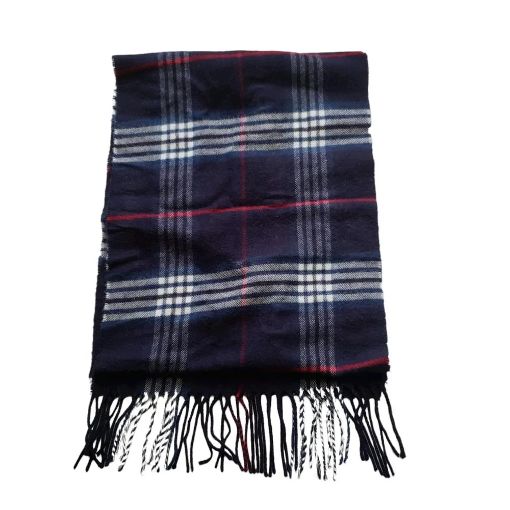 Made Scotland Blue Plaid Acrylic Fringe Rectangle Scarf 11 x 62